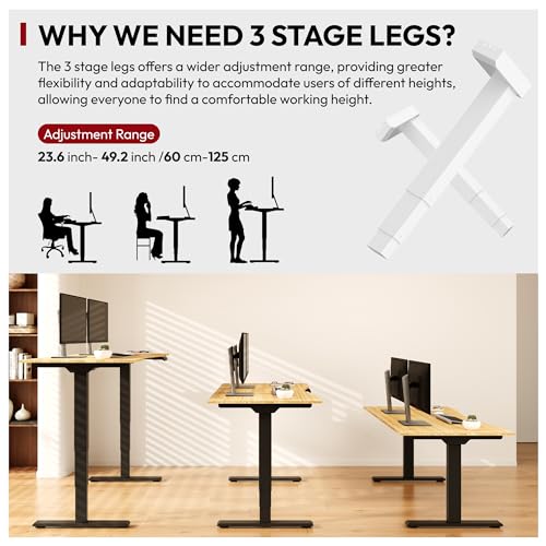 SANODESK Standing Desk 3 Stages Dual Motor 60 inch Whole-Piece Real Bamboo Desktop Height Adjustable Desk for Home Office Stand Up (Black Frame/ 60" Curved Natural Bamboo Top) SANODESK