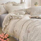 AMZTOP Blue Beige Floral Rabbit Duvet Cover Queen Size with 2 Pillowcases,100 Cotton Muslin Gauze Bed Set for Baby Kids,Lightweight Breathable Lace Ruffle Duvet Covers Teen Girls Queen 90"×90" AMZTOP