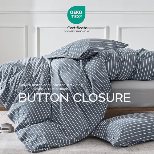JELLYMONI Cotton Duvet Cover Twin Size - Blue Pinstriped Comforter Cover with Button 100% Washed Cotton 2PCS Breathable Soft Solid Bedding Set Duvet Cover 68×90in & 1 Pillowcase (NO Comforter) JELLYMONI
