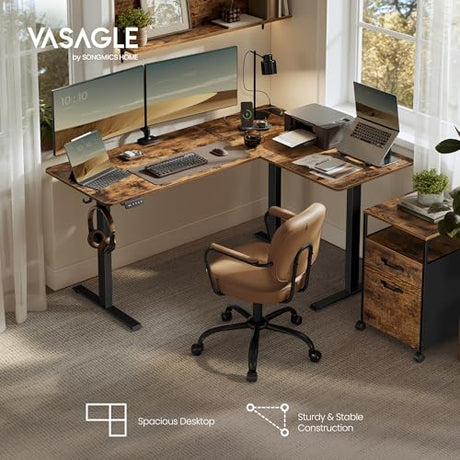 VASAGLE L Shaped Electric Standing Desk, 63 x 47.2 Inches, Height Adjustable Corner Desk with Power Outlets, 2 Memory Buttons, Easy to Assemble, for Home Office, Rustic Brown ULSD242K01 VASAGLE