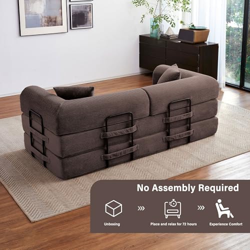 Reiboco 79" 5-in-1 Folding Convertible Sofa Bed, Oversized Corduroy Futon Floor Couch with Pull-Out Sleeper, Modular Boneless Loveseat for Small Spaces, Living Room, Bedroom (Brown) Reiboco
