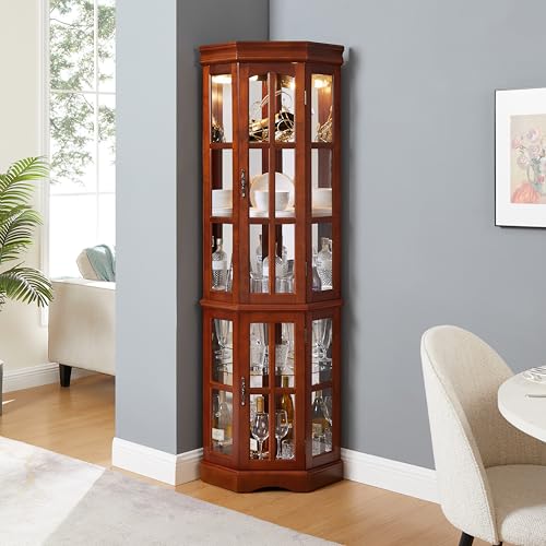 Klaczituj Corner Curio Cabinet with 5 Shelves and Lighting System, Walnut(E26 Light Bulb not Included) Klaczituj