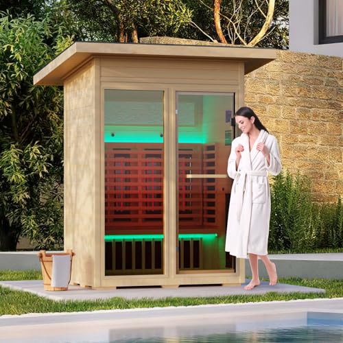 MEISSALIVVE Infrared Sauna, Full-Spectrum Infrared Outdoor Saunas for Home - Dry Heat Sauna, Wooden Sauna Room with Beauty Lamp (Outdoor Sauna 2 Person) MEISSALIVVE