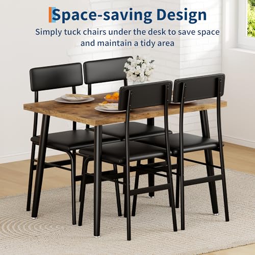 Garvee Dining Table Set for 4, Wood Kitchen Table with 4 Upholstered Chairs, Space-Saving Kitchen and Dining Room Furniture for Small Spaces, Apartment Garvee