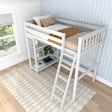 Max & Lily High Loft Bed, Twin Bed Frame For Kids With Bookcase, White Max & Lily
