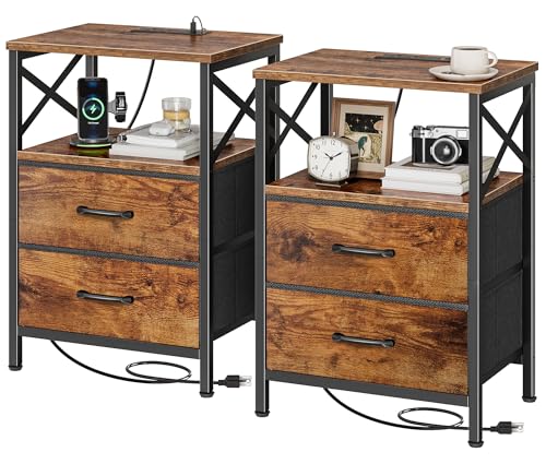 Huuger Nightstands Set of 2, Night Stand with Charger Station, 2 Drawer Side Table with Open Shelf, USB-C Port, End Table for Small Spaces, X Shaped Side Rail, Rustic Brown Huuger