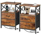 Huuger Nightstands Set of 2, Night Stand with Charger Station, 2 Drawer Side Table with Open Shelf, USB-C Port, End Table for Small Spaces, X Shaped Side Rail, Rustic Brown Huuger