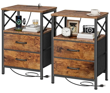 Huuger Nightstands Set of 2, Night Stand with Charger Station, 2 Drawer Side Table with Open Shelf, USB-C Port, End Table for Small Spaces, X Shaped Side Rail, Rustic Brown Huuger