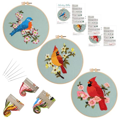Louise Maelys 3 Sets Bird Embroidery Kits for Beginners,Adults Starter Flower Pattern Cross Stitch Kit DIY Needlepoint Kits with Embroidery Instructions