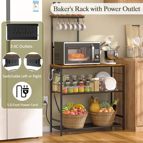 3IngSeagulls 4-Tier Bakers Rack with Power Outlet, 33 Inch Kitchen Microwave Stand with 6 S-Shaped Hooks, Coffee Bar Station with Adjustable Shelf, Rustic Brown
