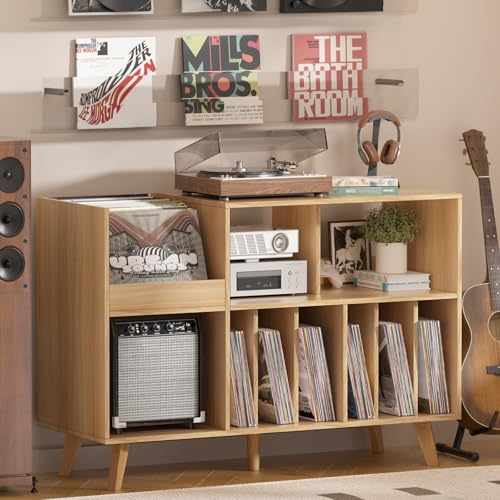 LELELINKY Natural Wood 48''Record Player Stand with Storage and Display Area, Turntable Stand Vinyl Record Holder Player Table Holds Up to 450 Albums, Record Stand for Music Room Living Room LELELINKY