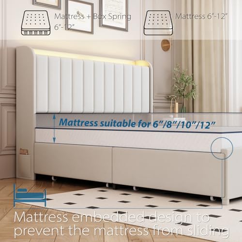 Full Bed Frame with 4 Drawers and Storage Headboard, Upholstered Platform Bed Frame Full Size with Led Lights and Handy Charging Station, No Box Spring Needed, Easy Assembly, Noise Free, Beige TIGUBFRE