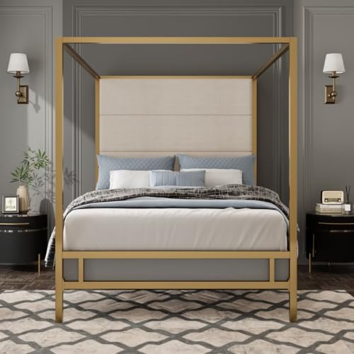 JIJIWANG Modern Gold Canopy Bed Frame with Tall Linen Fabric Upholstered Headboard Metal 4-Poster Bed, Box Spring Needed, (Queen,Gold)