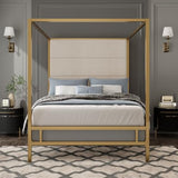 JIJIWANG Modern Gold Canopy Bed Frame with Tall Linen Fabric Upholstered Headboard Metal 4-Poster Bed, Box Spring Needed, (Queen,Gold)