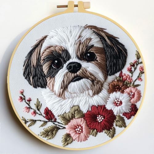 Punch Needle Kits Shih Tzu Dog and Flowers Embroidery Starter Set with Hoop Easy for Beginners DIY Stress Relief Handmade Craft Hobby and Home Decor 20x20cm-3