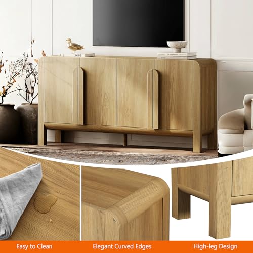 WAMPAT 63" W Large Buffet Sideboard Cabinet with Storages, Modern Buffet Table Coffee Bar Wine Bar Storage Curved Cabinet with 4 Doors for Dining Room, Living Room, Kitchen, Light Walnut WAMPAT