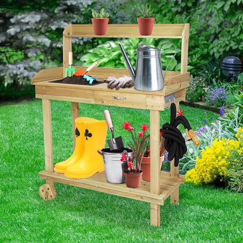 LUCKYERMORE Potting Bench Table Wooden Gardening Plant Workstation Natural Solid Wood Garden Potting Station w/Wheels and Drawer Sink Hook Open Shelf for Outside Patio Lawn Garden, Banco para macetas LUCKYERMORE