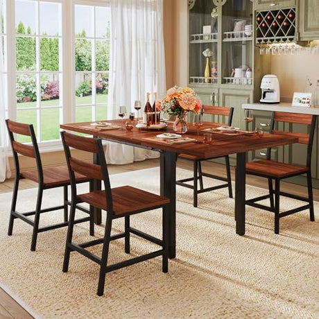 Dining Table Set for 4, Extendable Kitchen Table Set with 4 Chairs, Curved Backrest, Dining Room Table with Solid Metal Frame & MDF Board, for Kitchen Room and Small Spaces, Easy Assembly, Walnut ALEXNUTRE