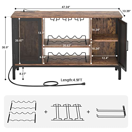 Homieasy Wine Bar Cabinet with Led Lights and Power Outlets, Industrial Coffee Bar Cabinet for Liquor and Glasses, Farmhouse Bar Cabinet with Removable Wine Racks, Rustic Brown - WoodArtSupply