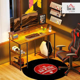 HOMCOM 47" Gaming Desk with Power Outlets and LED Lights, Reversible Computer Desk with Monitor Stand and 2-Tier Storage Shelves, Cable Management, for Home Office, Rustic Brown HOMCOM