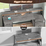 SEDETA Home Office Desk with File Drawer & Power Outlet, 66'' Computer Desk with 5 Drawer, Storage Shelves, Printer Cabinet and Monitor Shelf, Gaming Desk with Led Lights, Grey SEDETA