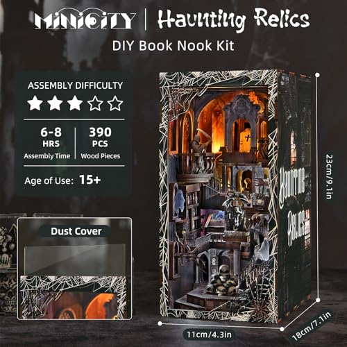 MiniCity Book Nook Kit with LED Light, DIY Miniature Dollhouse Booknook Kit, Creepy Scary 3D Wooden Puzzle Bookshelf Insert Decor for Stress Relief Craft for Book Lovers & Adult (Haunting Relics)