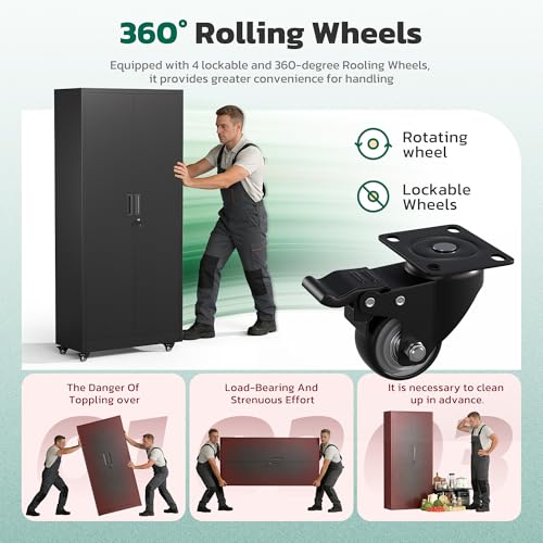 Greenvelly 73" Rolling Storage Cabinet,Black Metal Garage Cabinet with Locking Doors and 4 Adjustable Shelves for Home,Kitchen,Office,Warehouse(32" W x 16" D,Wheels) Greenvelly