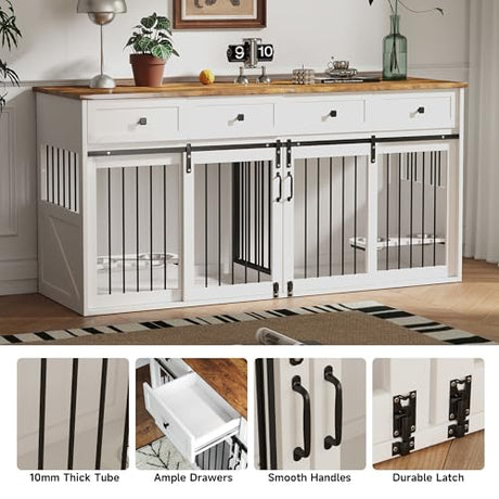 Real Relax Large Dog Crate Furniture, 71” Multi-Purpose Dog House w/Double Rooms, Divider and Sliding Barn Door, Steel Frame Indoor Double Dog Crate for Medium Small Dogs, White Real Relax