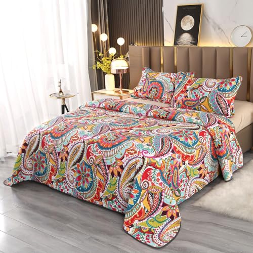 Qucover 100% Cotton Twin Quilt Set, 2 Piece Multicolor Paisley Boho Style Twin Bedspread with Pillow Shams, 68"x86" Qucover
