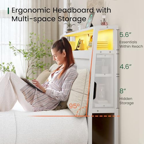 LARMACE King Size Bed Frame with Charging Station and LED Lights Wooden Platform Bed Frame with Storage Drawers and Ergonomic Headboard,2-Tier Hidden Storage,No Box Spring Needed,Easy Assembly,White LARMACE