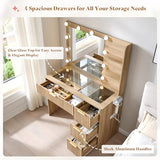 AMERLIFE 36.2" Fluted Vanity Desk with Mirror and Adjustable LED Lights, Large 4 Drawers Makeup Table with Glass Top and Charging Station for Women and Girls, Bedroom or Dorm, Natural Oak AMERLIFE