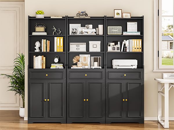 Hasuit Bookshelves and Bookcase with Doors and Drawer & Shelves, 73 in Tall Bookshelf with Storage, Floor Standing 7 Shelf Display Cabinet Bookshelf Storage Cabinet for Home Office, Living Room, Black Hasuit