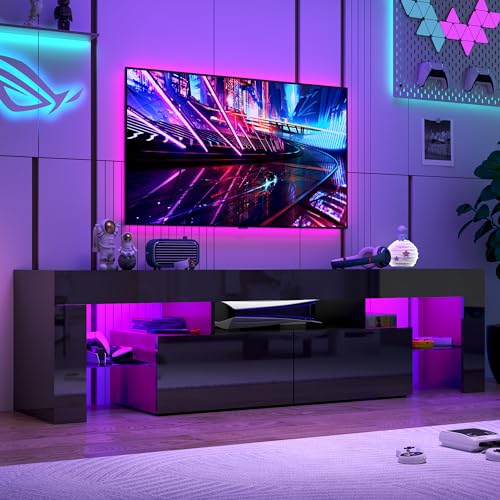 Vinctik 6&Fox 70in LED TV Stand for 75/80/85 inch TV,Modern Black TV Stands for Living Room,High Gloss TV Entertainment Center with 2 Large Storage Drawer,APP RGB Light,TV Console(71in Black) - WoodArtSupply