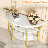 39.4" Console Table with Half Moon Wood Shelves, 3 Tier Modern Entryway Table with Curved Metal Frames, Narrow Sofa Couch Table for Hallway, Entrance, Living Room, Foyer, White Marble & Gold knoworld