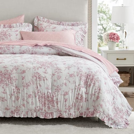 Madison Park Essentials Adele Pink Floral King Size Comforter Set – Vintage Bed in a Bag with Sheets, Reversible Ruffle Bedding, Elegant Gift for Her Madison Park