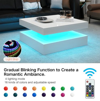 LED Square Coffee Table White with Storage Drawers, High Glossy Center Table Living Room, Mid-Century Cocktail Table, 16 Color & 4 Mode Lights, 2-Tier Middle Table Modern, 31"x31"x14.6" - WoodArtSupply