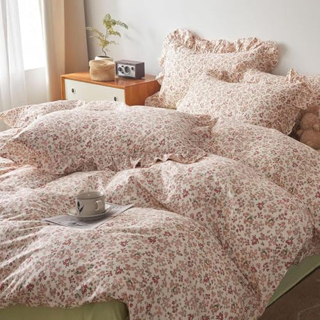 Girls Floral Comforter Set Twin XL Pink Red Flower Comforter Boho Vintage Floral Bedding Comforter with 2 Ruffle Pillow Shams Botanical Bedding Cottagecore Comforter Set Twin XL Bed for Teens Girls LifeTB