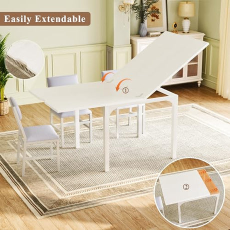 7-Piece Dining Table Set for 4-6, Extendable Kitchen Table Cushion Chairs Set of 6 with 6 Chairs, Rectangle Dining Table with Metal Frame & MDF Board, Folding for Small Apartment Saving Space, White HUAHUU