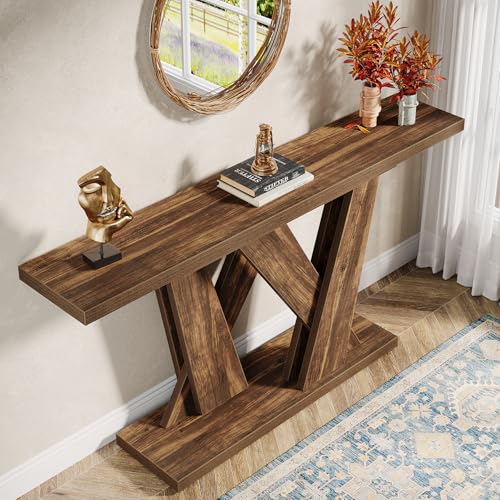 Tribesigns 55-Inch Farmhouse Console Table, Farmhouse Behind The Couch Table TV Stand with Geometric Base, Skinny Sofa Table Entryway Table for Entrance, Living Room, Hallway, Foyer, Rustic Brown Tribesigns