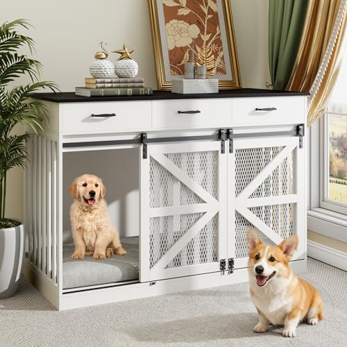 kepptory 48 Inch Large Dog Crate Furniture with 3 Storage Drawers, Wooden Pet Kennel with Removable Divider, Dog Kennel End Table TV Stand, Farmhouse Style Dog Crates with Sliding Barn Door (White) kepptory