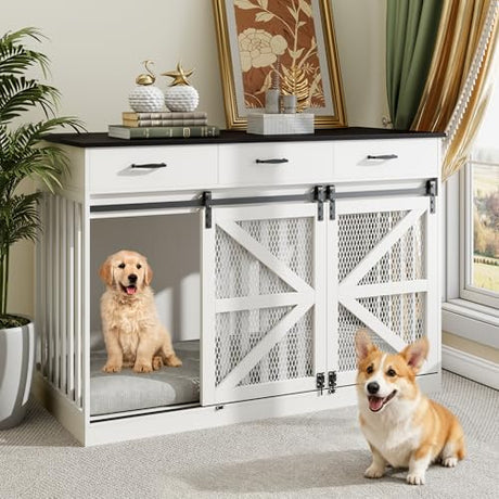 kepptory 48 Inch Large Dog Crate Furniture with 3 Storage Drawers, Wooden Pet Kennel with Removable Divider, Dog Kennel End Table TV Stand, Farmhouse Style Dog Crates with Sliding Barn Door (White) kepptory