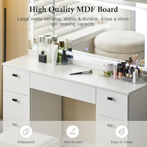 TUKAILAi 46" Vanity Desk with Large HD Mirror, LED Lights & Power Outlet, Touch Control 3 Color Lighting Modes Adjustable, Modern Hollywood Makeup Vanity Set with 7 Drawers & PU Cushioned Stool TUKAILAi