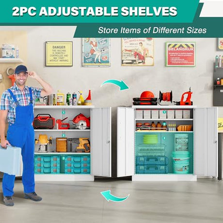 SISESOL White Metal Storage Cabinet with Doors and Shelves,36 inch Small Metal Cabinet with Lock,Short Garage Storage Cabinets,Locking Steel Cupboard for Home,Office,Kitchen,Garages SISESOL