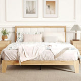 HOMCOM Queen Size Bed Frame with Upholstered Headboard, Platform Bed Frame with Wooden Slats, No Box Spring Needed, Easy Assembly, Natural HOMCOM