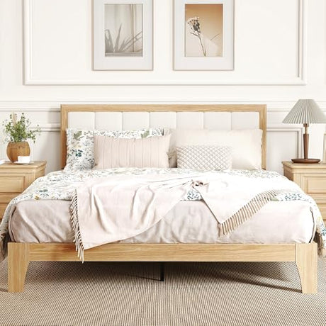 HOMCOM Queen Size Bed Frame with Upholstered Headboard, Platform Bed Frame with Wooden Slats, No Box Spring Needed, Easy Assembly, Natural HOMCOM