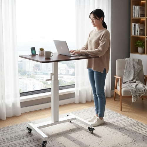 VITIWEDTY Foldable Manual Crank Standing Desk, Adjustable Sit-Stand Office Desk with Movable Wheels, Easy to Install for Home and Office (White One Size) VITIWEDTY