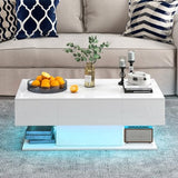 Tangkula LED Coffee Table with 2 Drawers, High Glossy Modern Center Table, 20-Color Dimmable LED Lights & Remote Control, 2-Tier Rectangle Coffee Table for Living Room (with Drawer, White) Tangkula