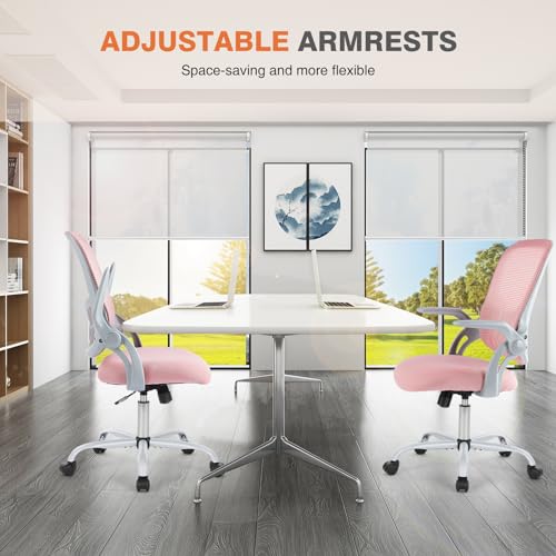Sweetcrispy Home Office Computer Desk Chair, Ergonomic Mid-Back Mesh Rolling Work Swivel Task Chairs with Wheels, Comfortable Lumbar Support, Comfy Flip-up Arms for Bedroom, Study, Student, Pink Sweetcrispy