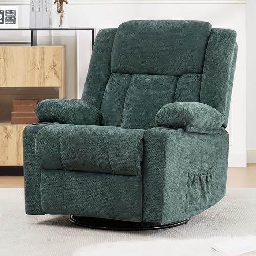 Hicosit Swivel Rocker Recliner Chair with Cup Holders, 360 Degree Rotating Nursery Rocking Chair, Manual Glider Recliner for Living Room (1, Green)