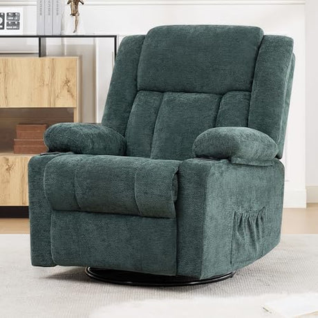 Hicosit Swivel Rocker Recliner Chair with Cup Holders, 360 Degree Rotating Nursery Rocking Chair, Manual Glider Recliner for Living Room (1, Green) Hicosit